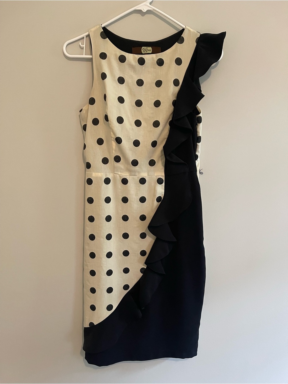 Eva Franco Polka Dot Ruffle Sheath Dress - Black & Cream size 0